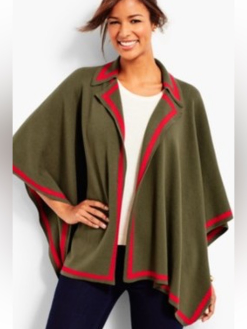 TALBOTS Womens ONE SIZE Ruana Cape Collared Sweater Shawl Olive w/ Red Edge